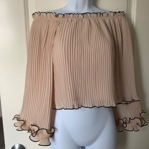 Pleated Pink Off-Shoulder Blouse Ruffled Sleeves